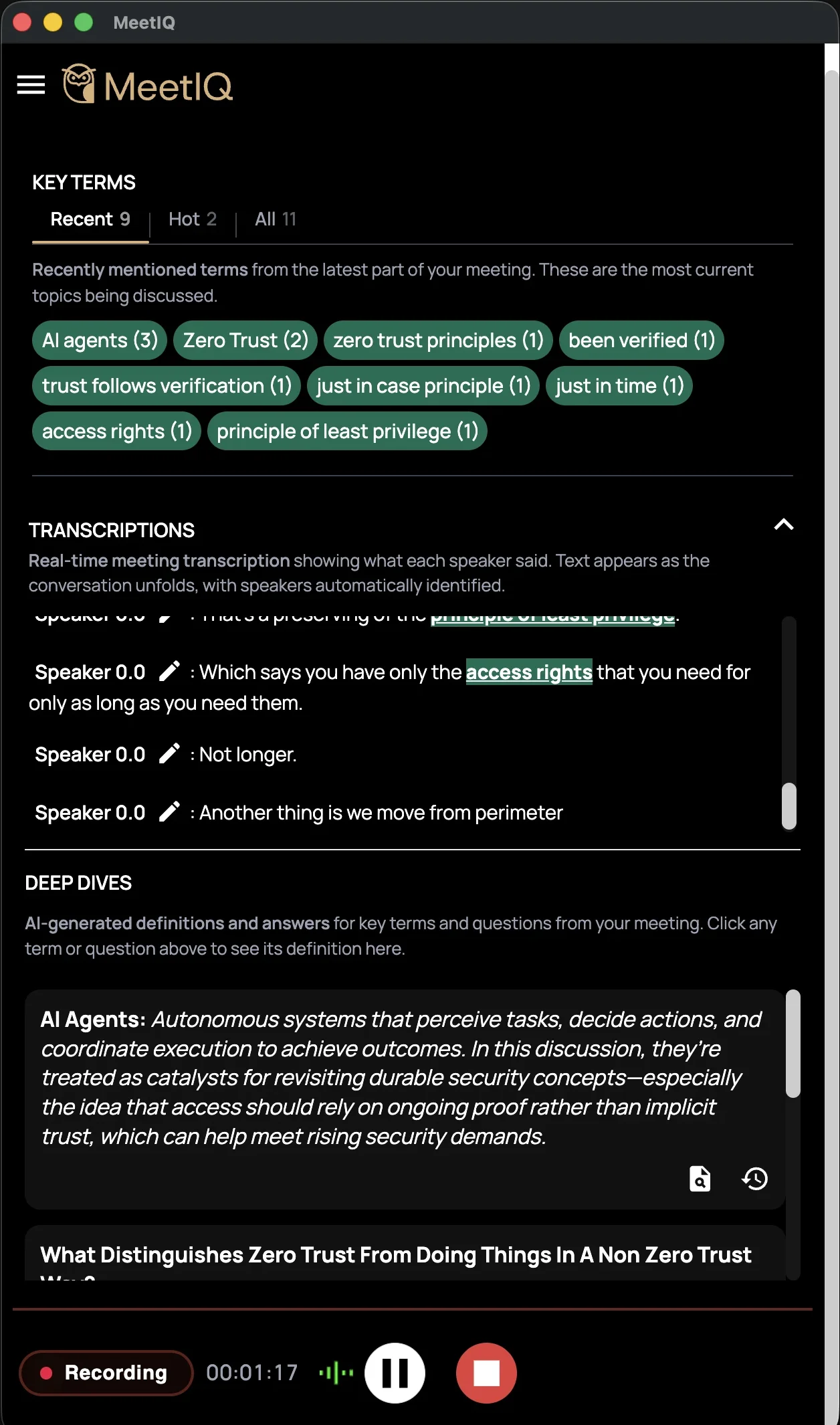 MeetIQ active recording window showing key terms, transcription, and deep dives