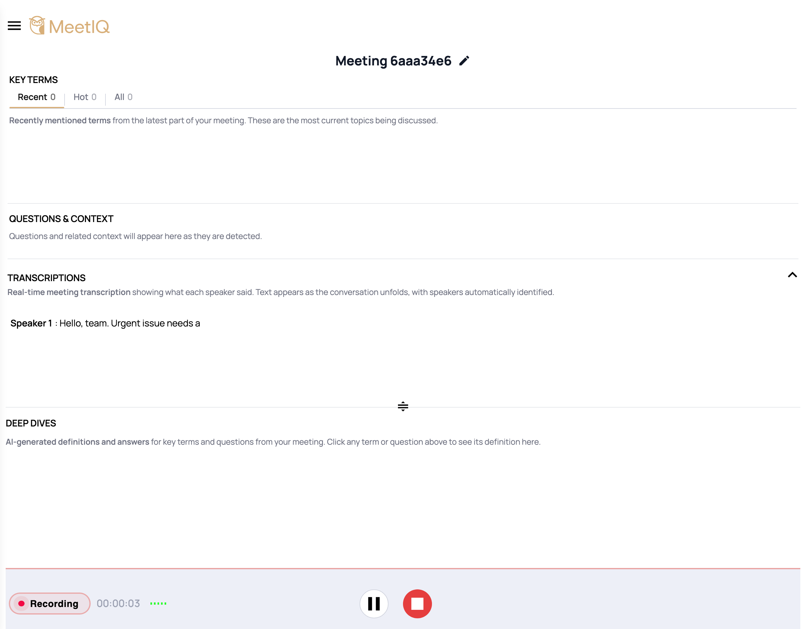 The Deep Dive pane in its empty state at the bottom of the recording view.