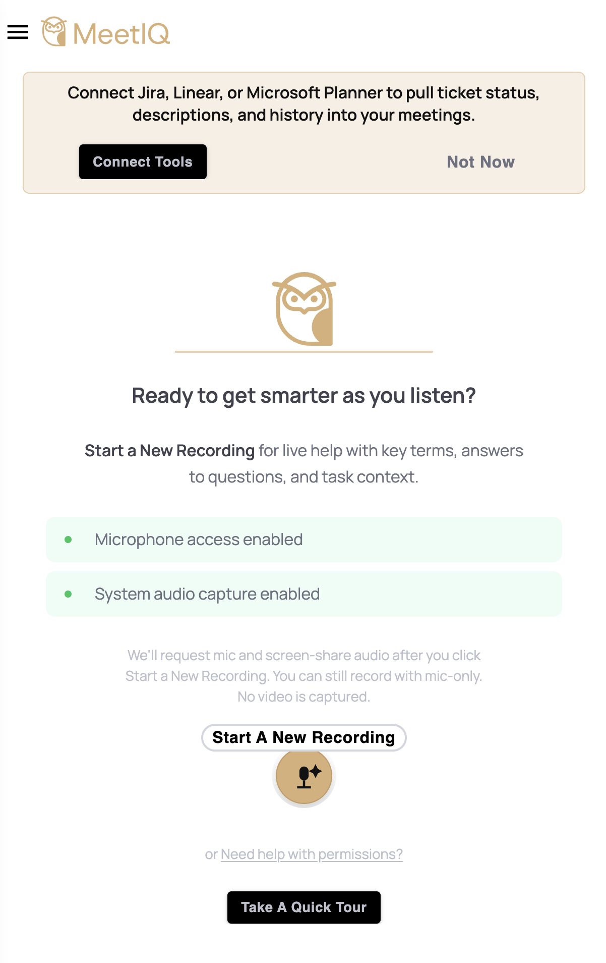 MeetIQ after relaunch, with permissions granted and the record button active.