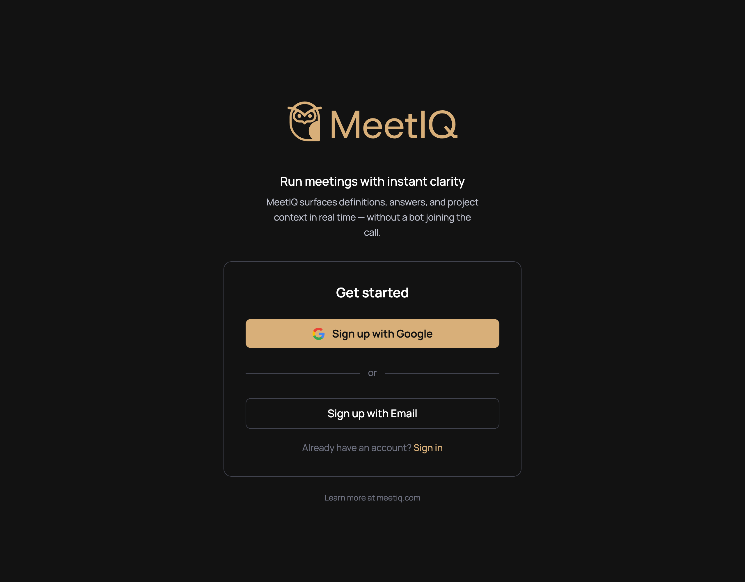 MeetIQ sign-in screen.
