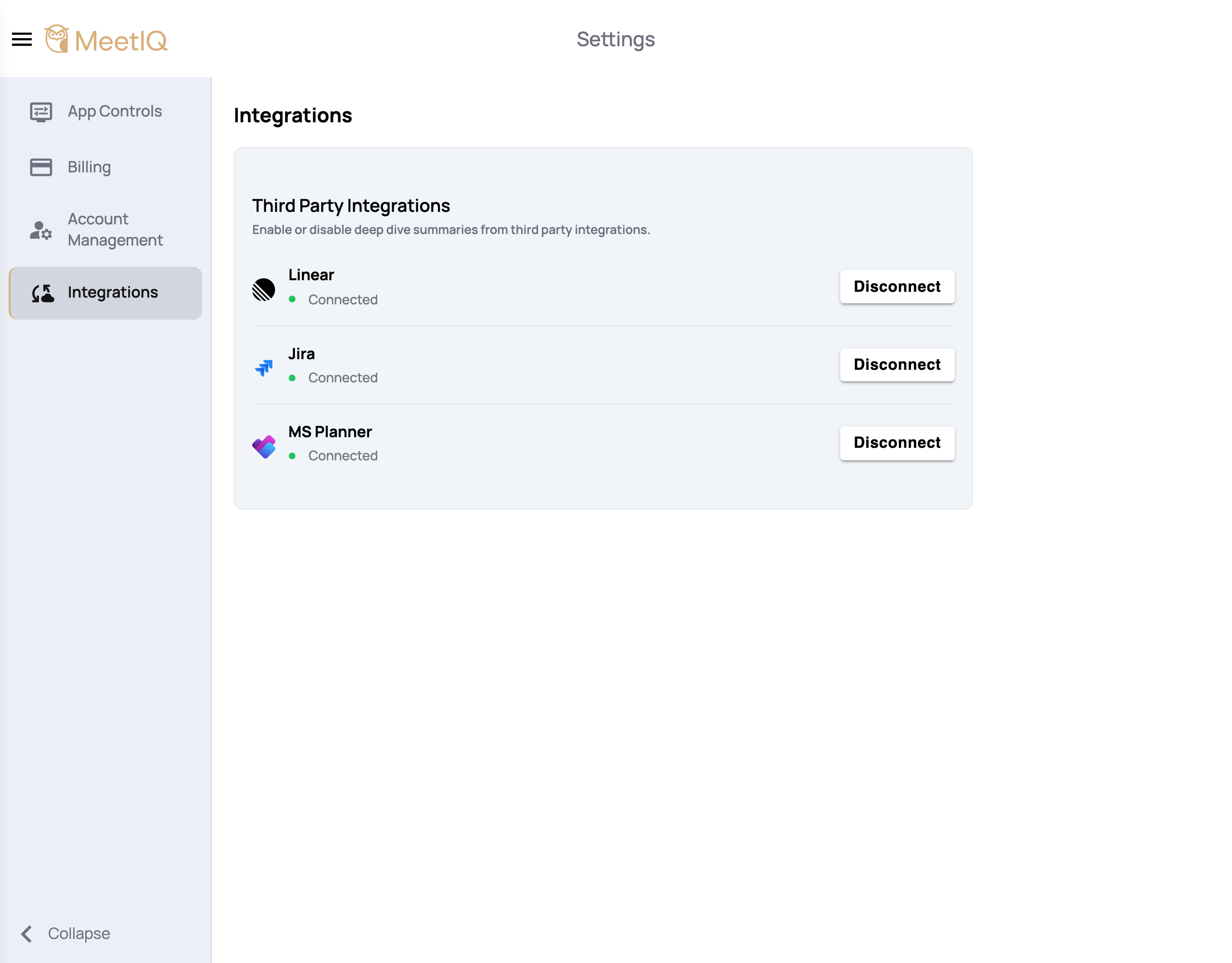 The Disconnect action on a connected integration.