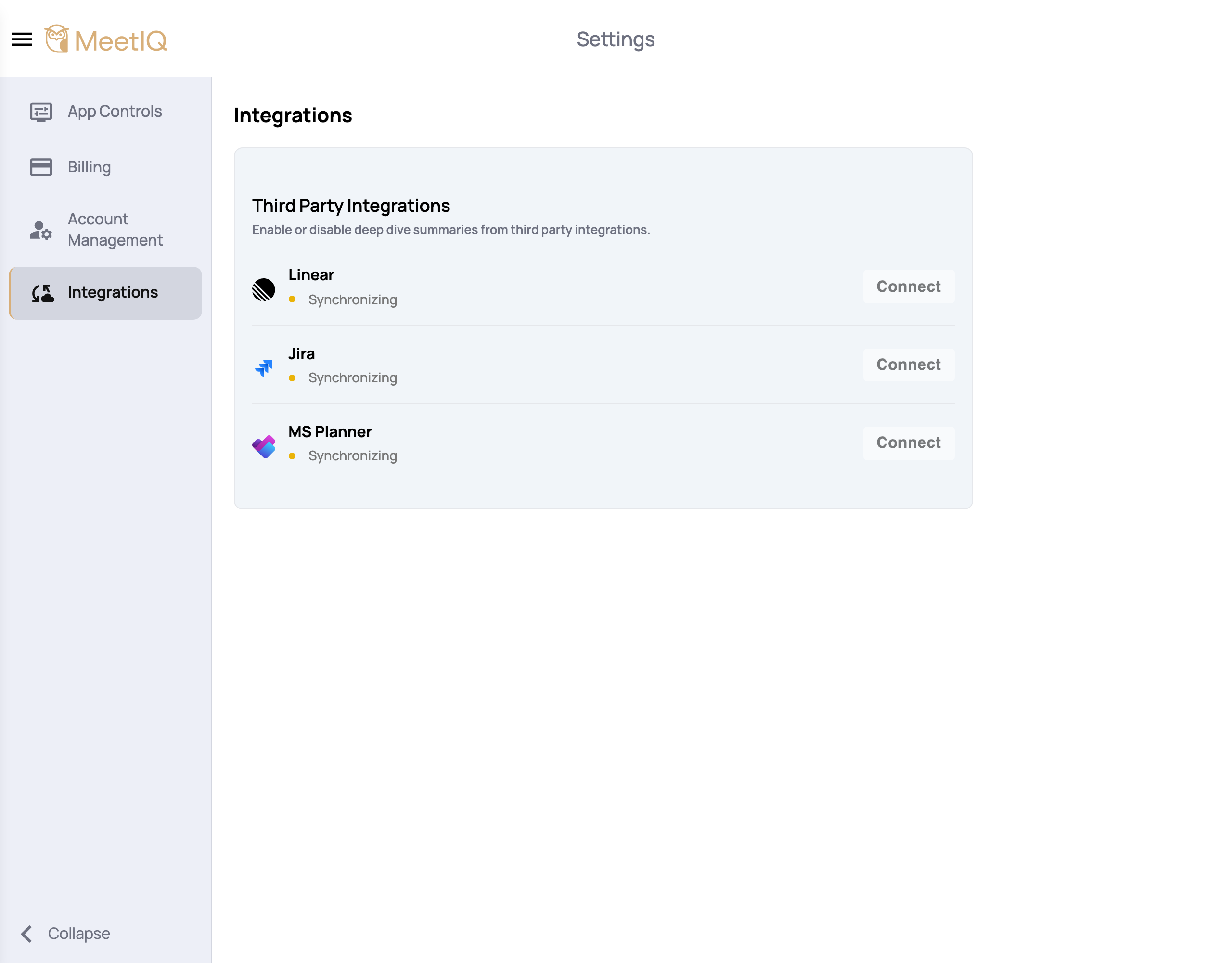 A newly-connected integration in the Synchronizing state.