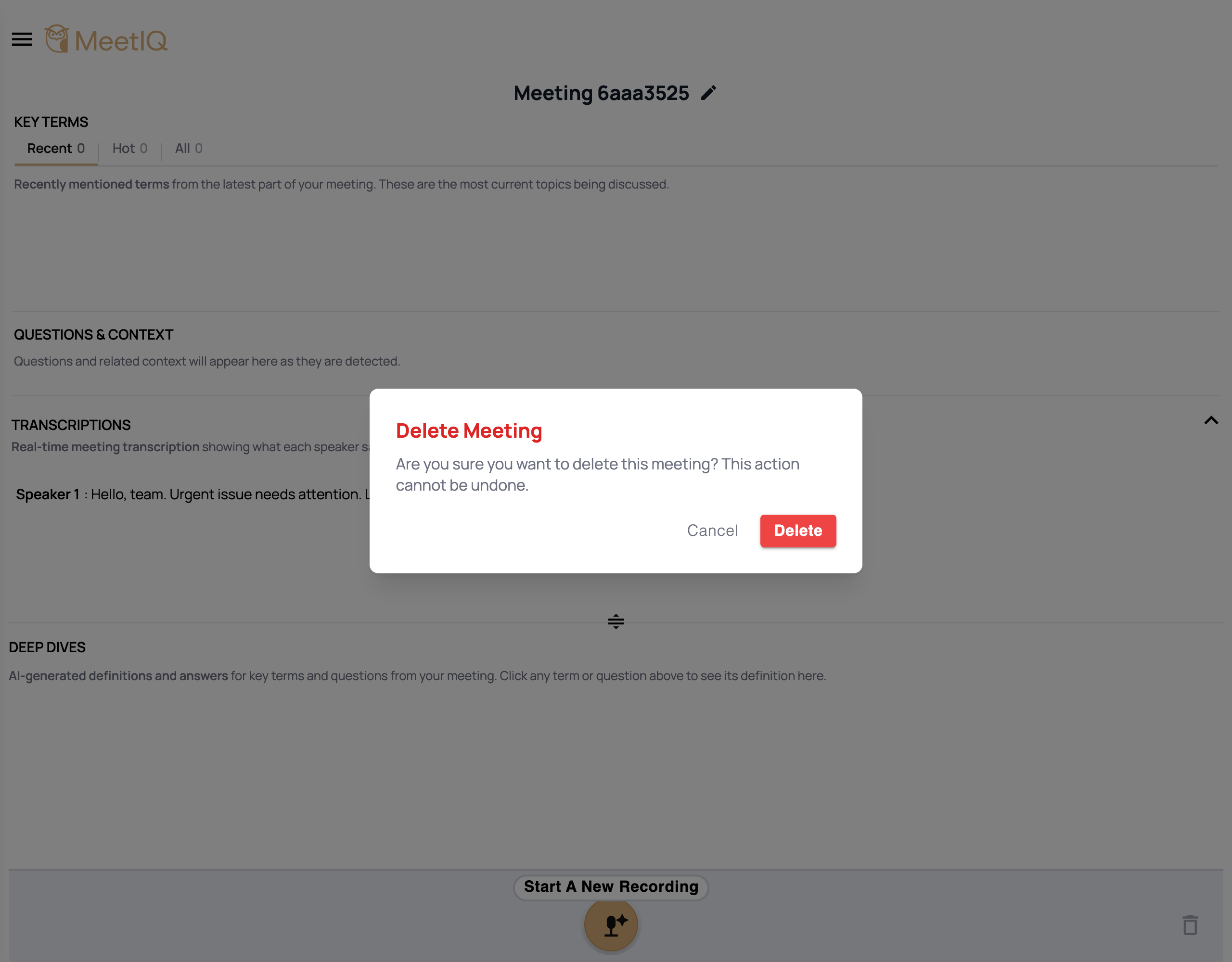The delete-confirmation prompt for a saved meeting.