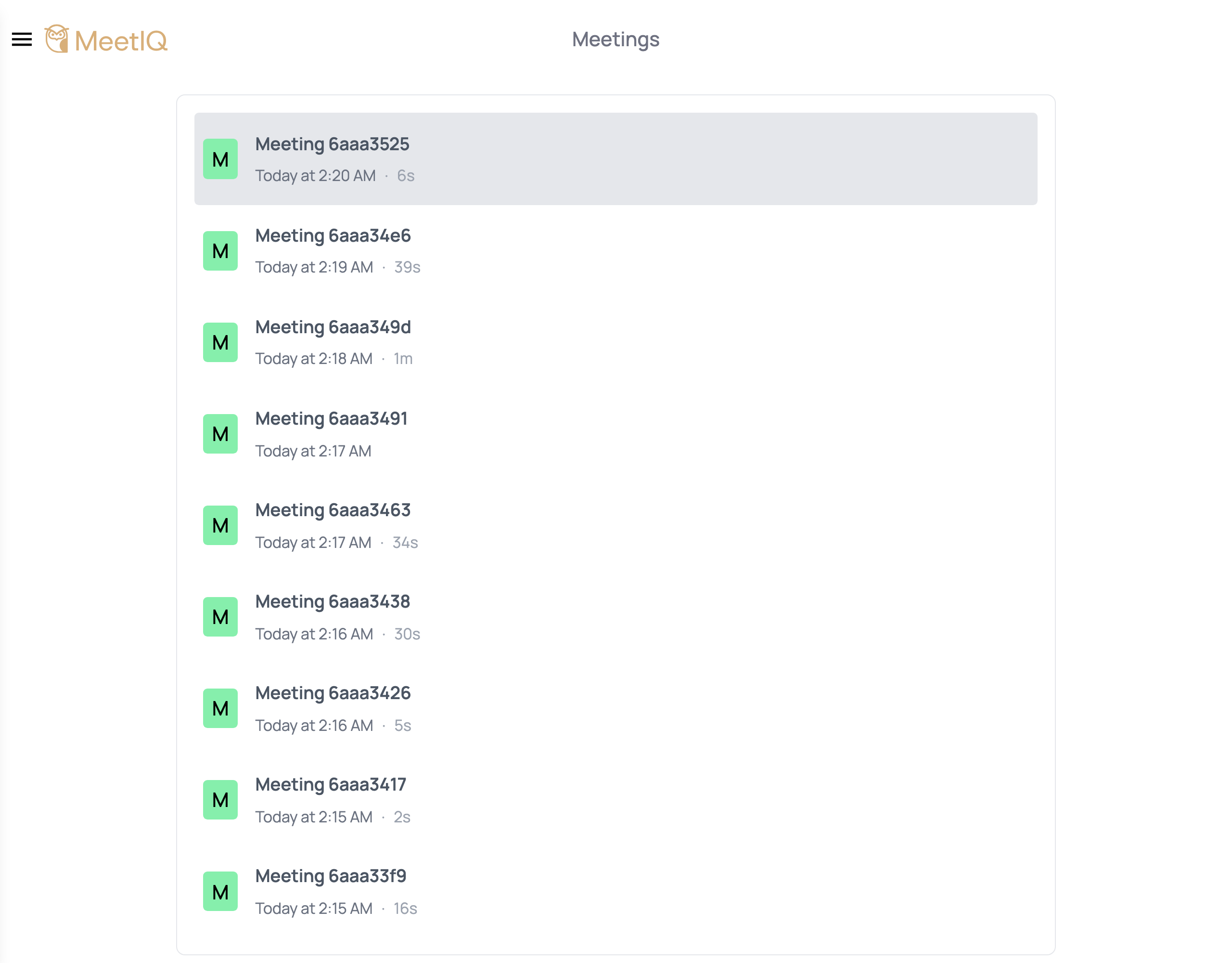 The list of saved meetings.