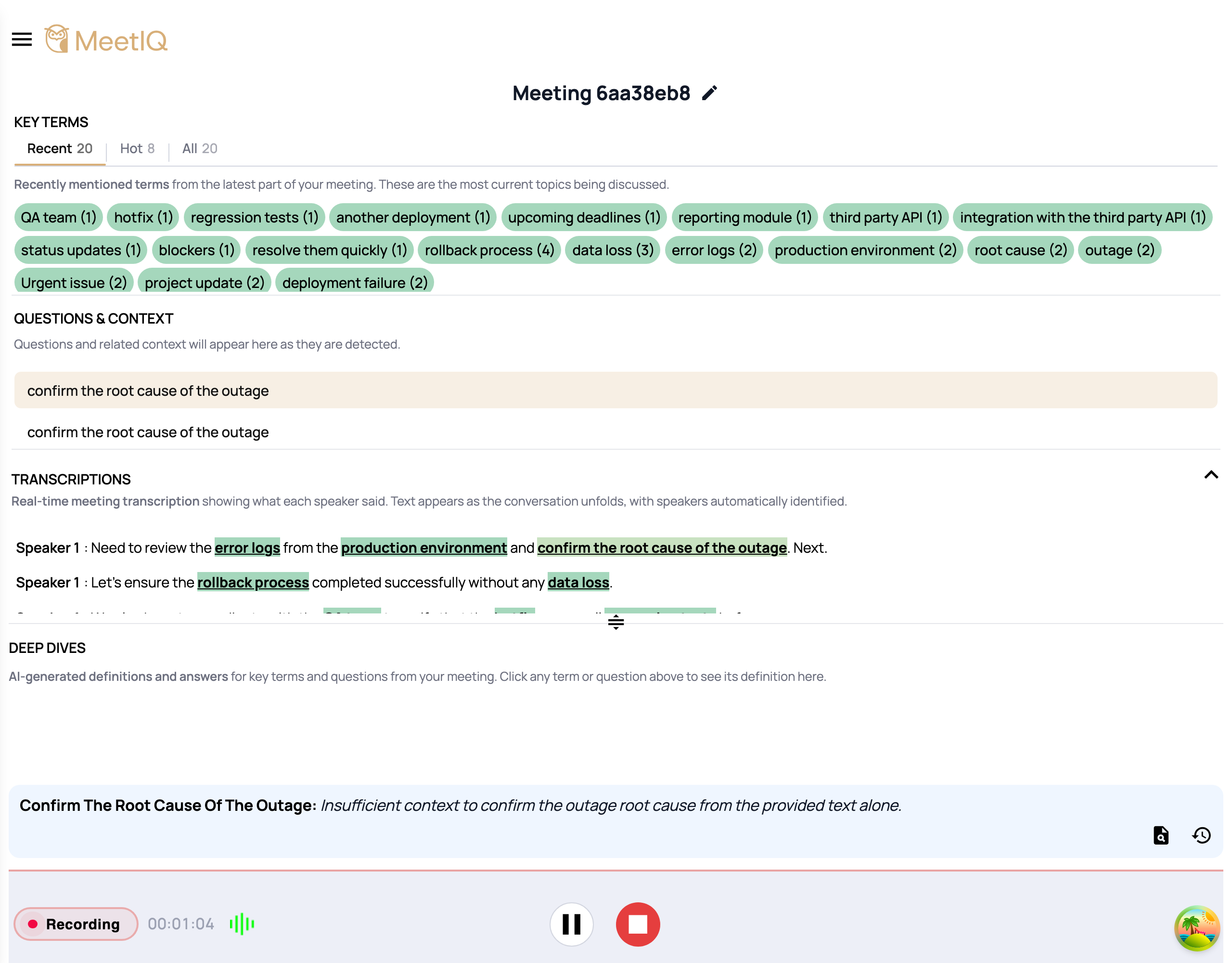 Clicking a detected question surfaces grounded context.