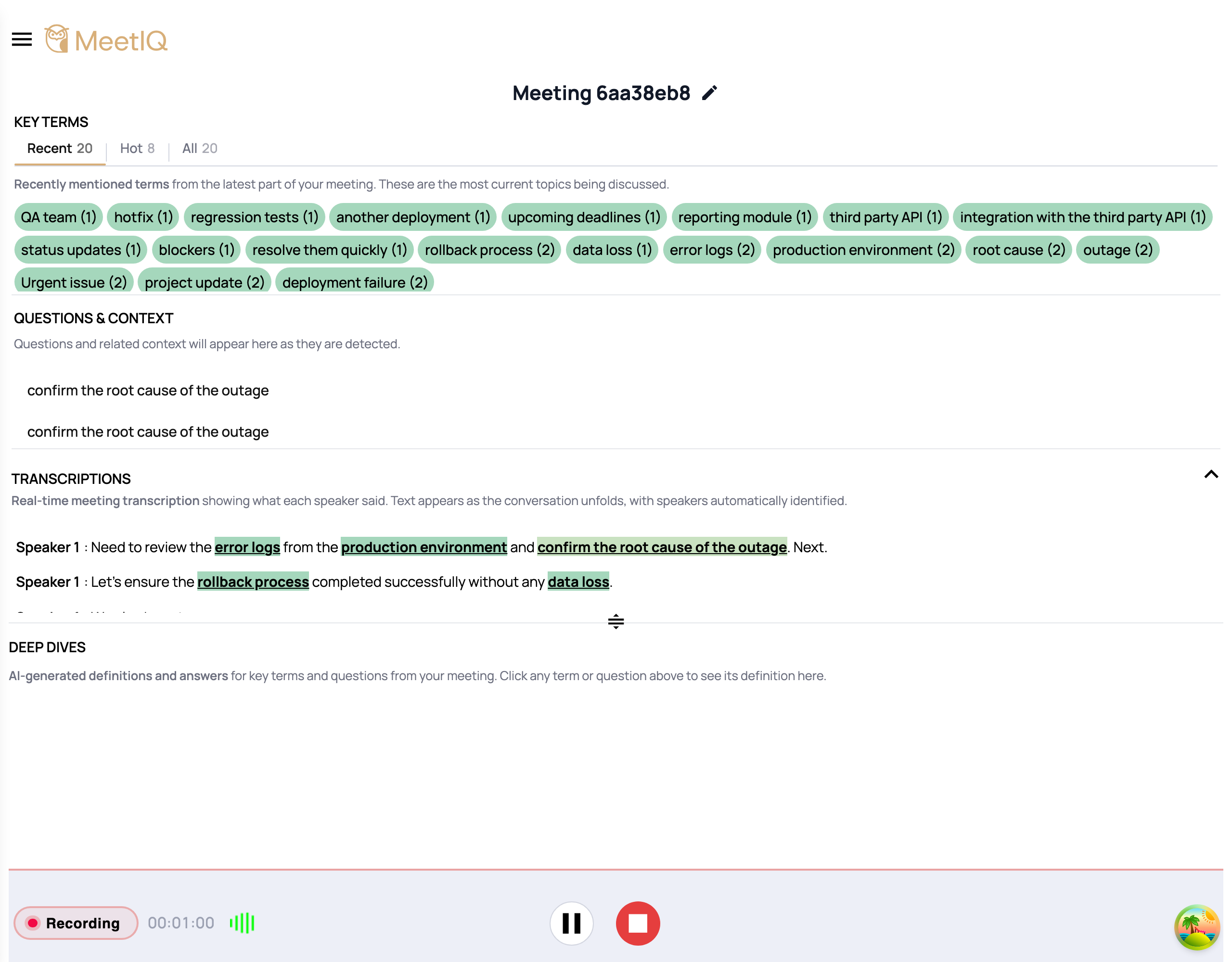 Questions auto-detected from the transcript appearing in the panel.
