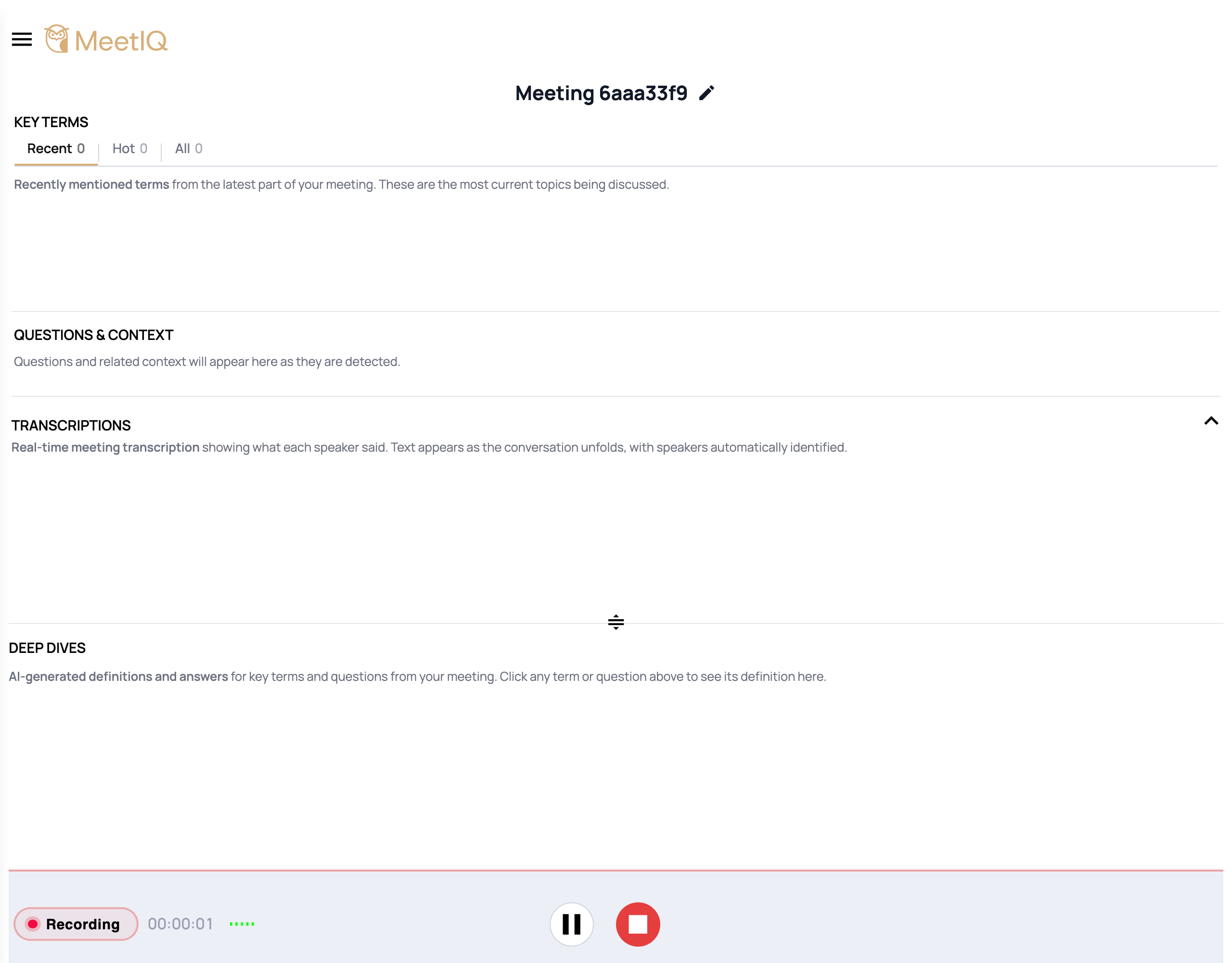 The “Recording” status pill at the bottom with a red dot and elapsed timer.