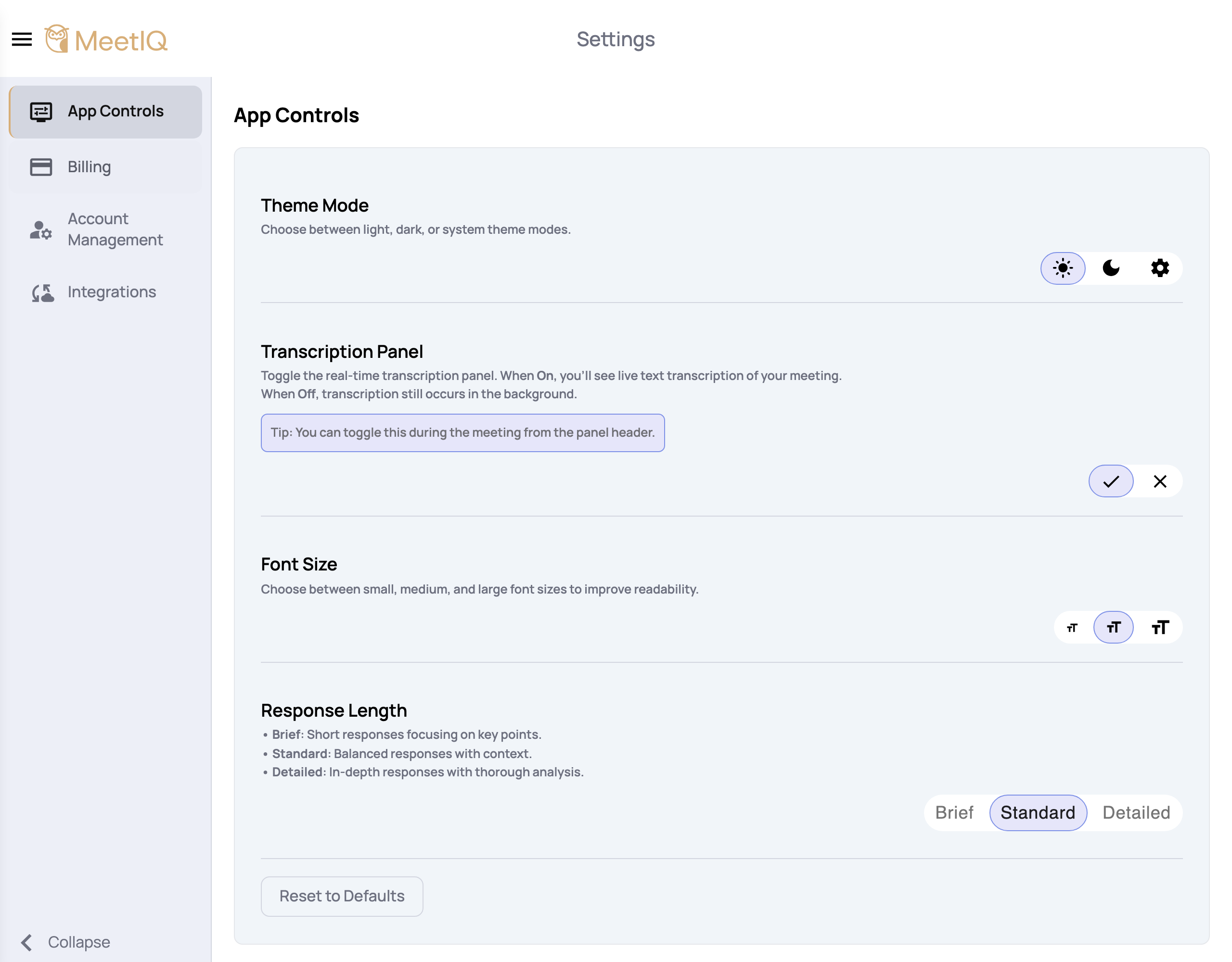 The Settings sub-navigation with App, Integrations, Account, and Billing tabs.
